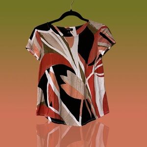 Alfani Coral/Peach/Black/White/Olive/Taupe Abstract Floral Print Top